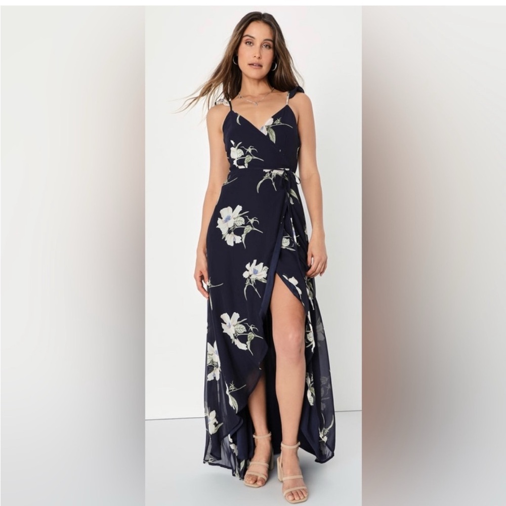 Lulus All Mine Navy Blue Floral Print High-Low Wrap Dress. Size L